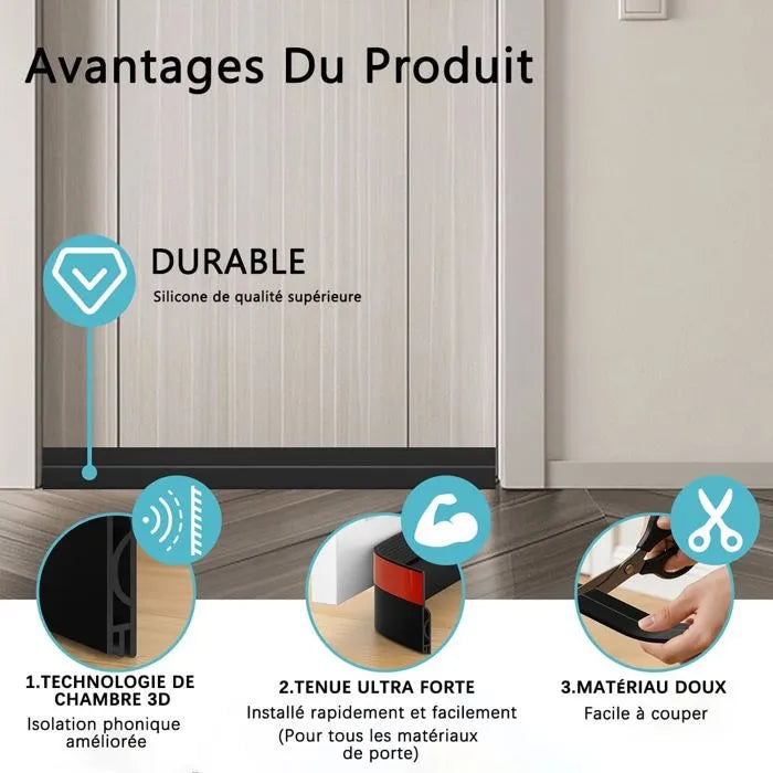 Bas de porte isolant auto-adhésif 1 m, anti-courant d'air, poussière et bruit, noir